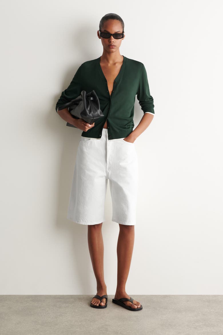 Layered-detail Knitted V-neck Cardigan, Alternate, color, DARK GREEN / WHITE