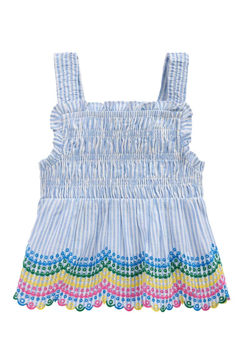 Kids' Stripe Eyelet Shirred Cotton Top, Main, color, BLUE TICKING RAINBOW