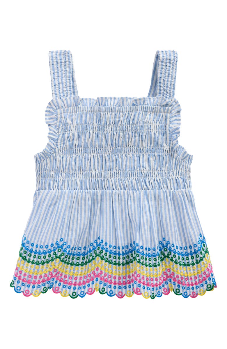 Mini Boden Kids' Stripe Eyelet Shirred Cotton Top, Main, color, Blue Ticking Rainbow