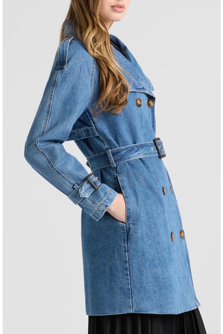 Belted Double Breasted Denim Trench Coat, Alternate, color, MEDIUM BLUE