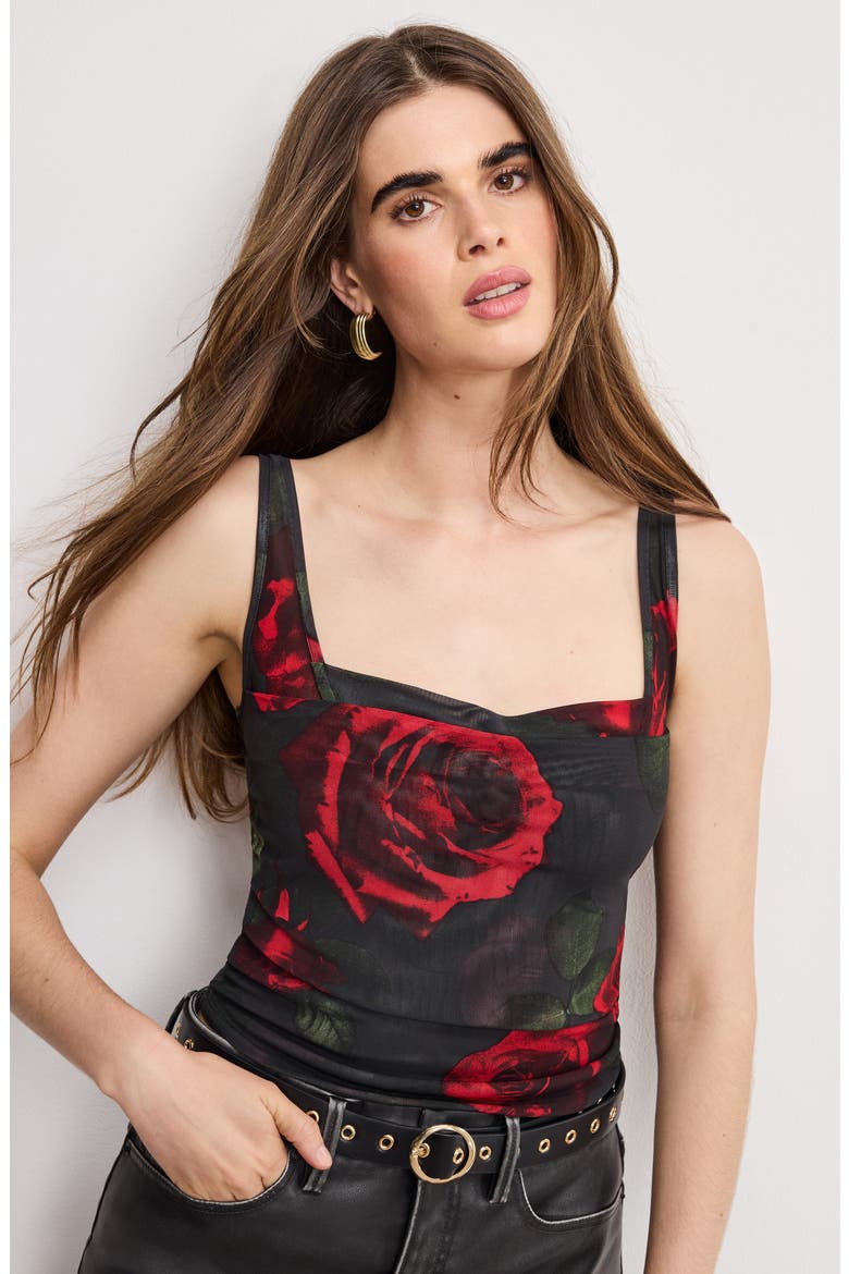 Print Mesh Bustier Top, Alternate, color, MOODY RED ROSES001