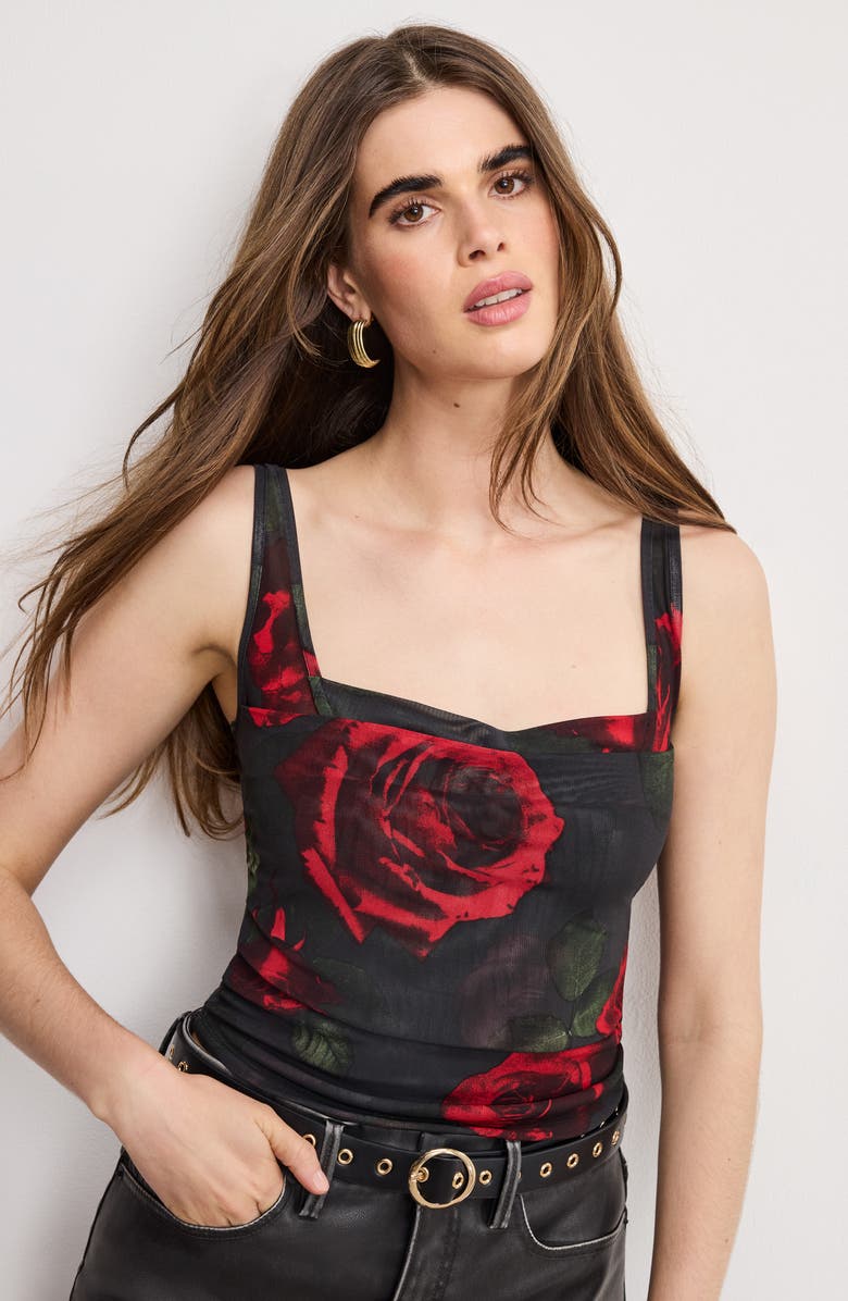 Good American Print Mesh Bustier Top, Alternate, color, Moody Red Roses001