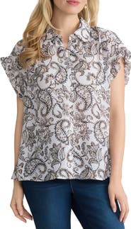 Jones New York Print Ruffle Sleeve Shirt