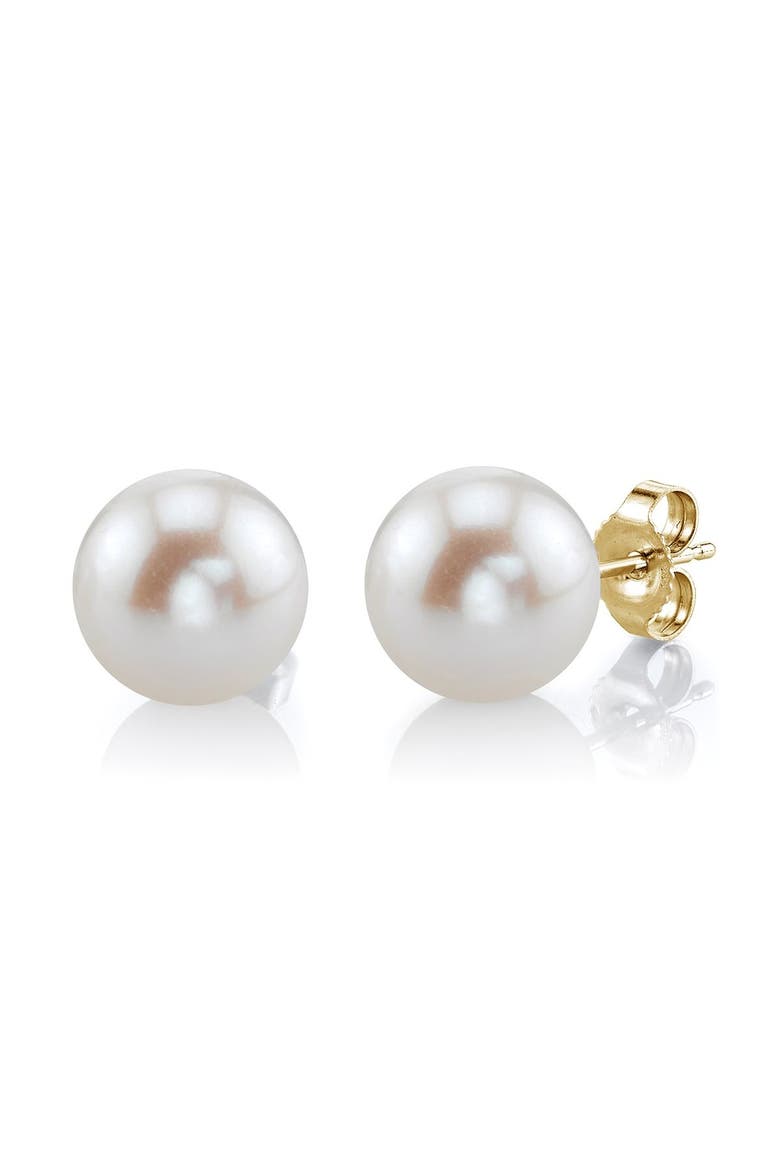 9mm White Freshwater Round Pearl Stud Earrings, Main, color, Yellow Gold