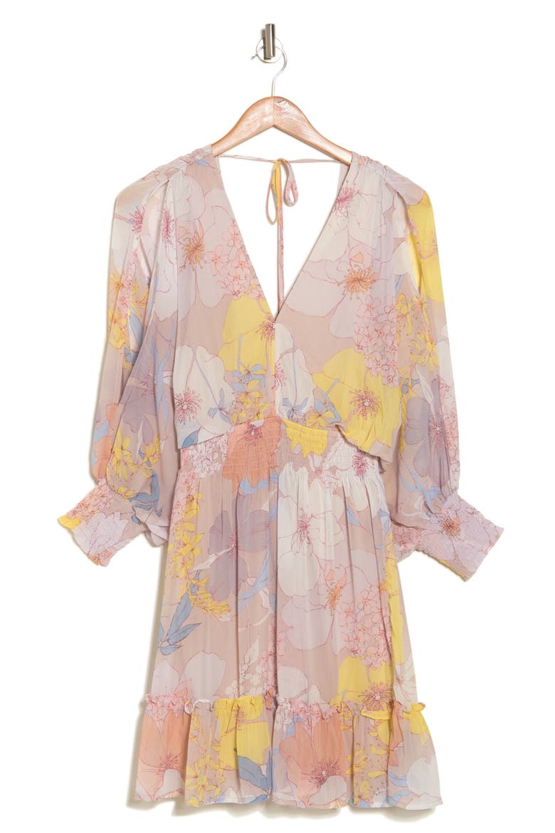 Open Back Long Sleeve Dress, Alternate, color, NATURAL/ BLUE
