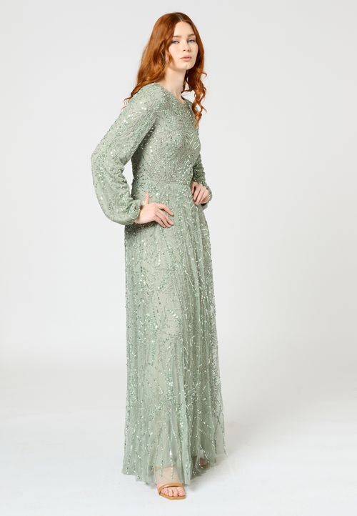 Maryisa Modest Embellished Sequin Beaded Long Maxi Dress