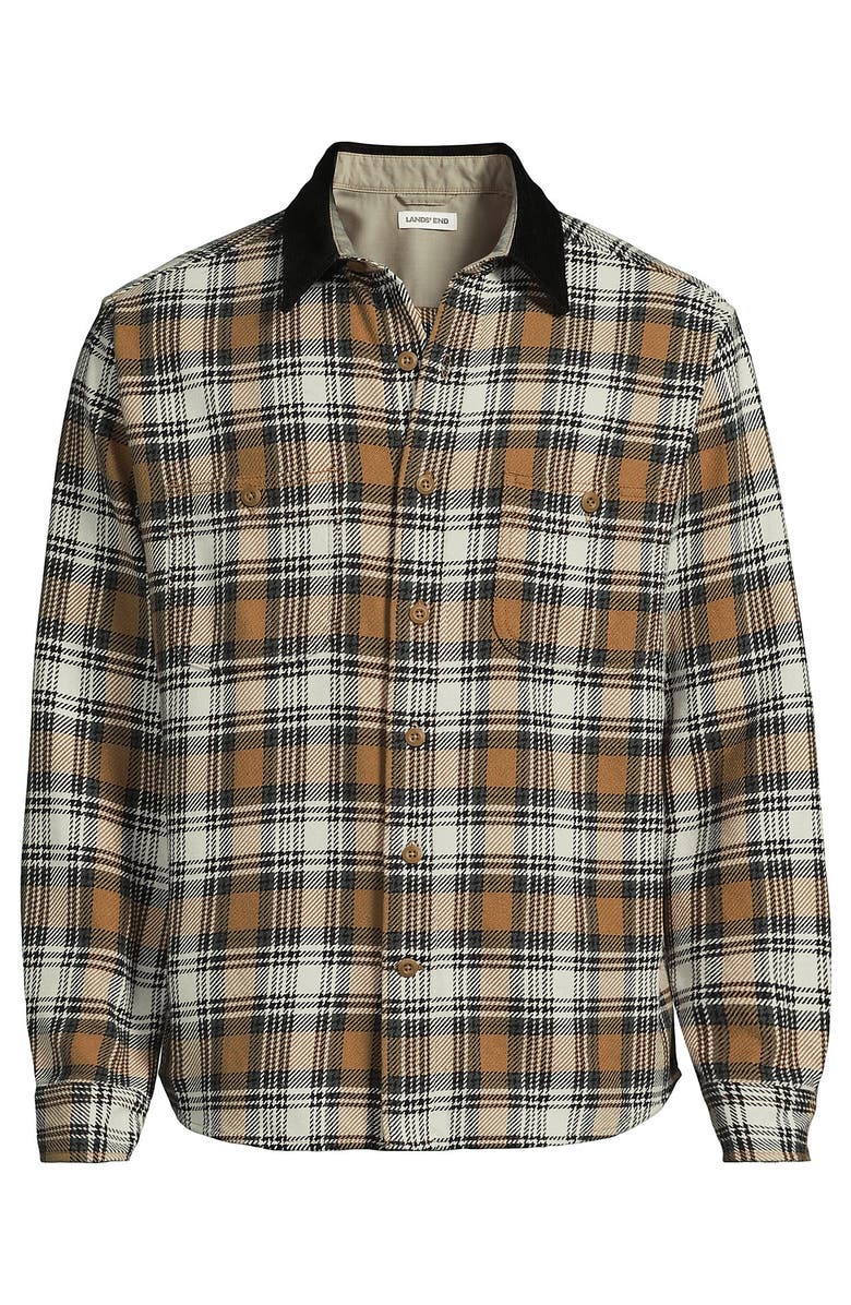 Lands' End Authentic Flannel Shirt with Corduroy Collar, Alternate, color, Butter Brown/Ivory Latte Plaid