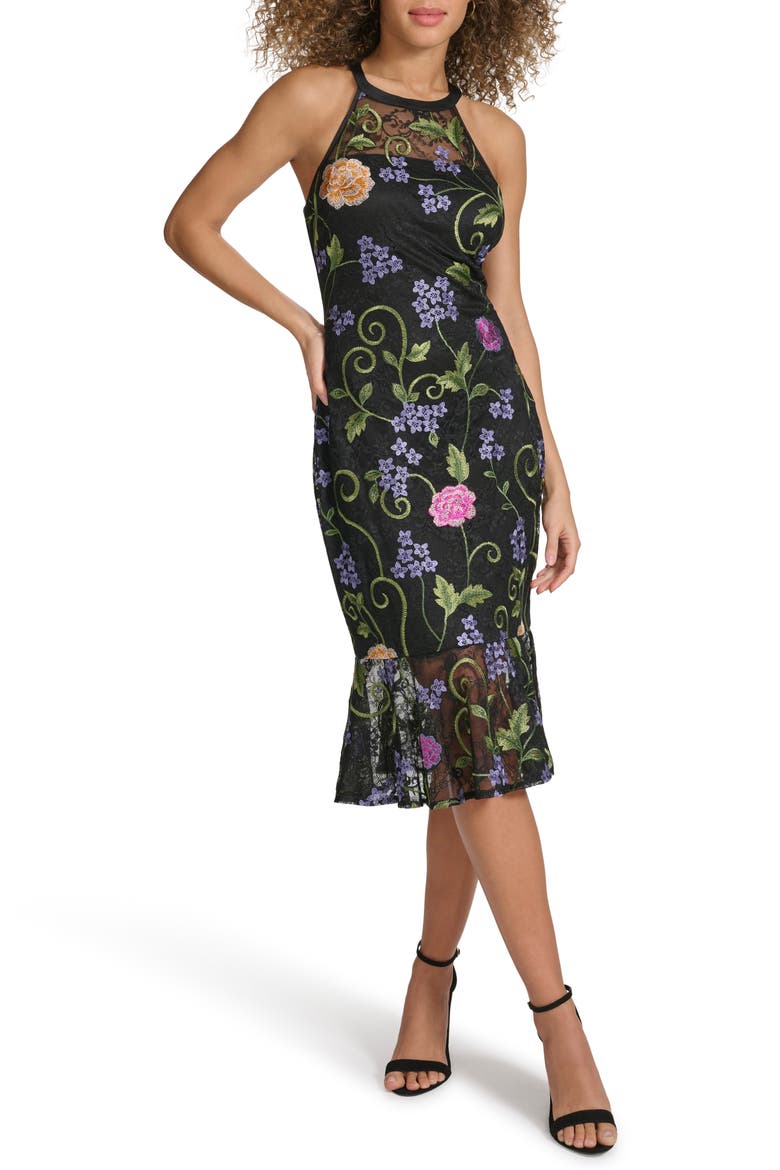 Floral Embroidered Mesh Sheath Dress, Main, color, BLACK MULTI