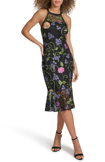 Siena Floral Embroidered Mesh Sheath Dress In Black