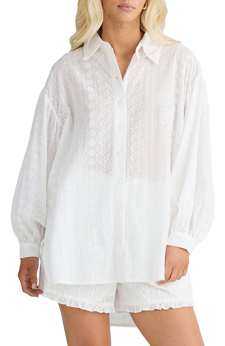 Talisman the Label Dahlia Oversize Ladder Stitch Broderie Button-Up Shirt, Main, color, White Broderie