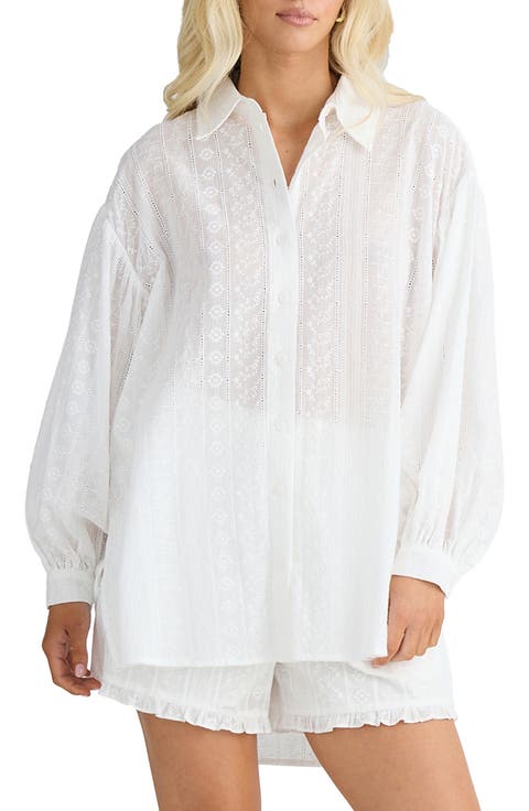 Dahlia Oversize Ladder Stitch Broderie Button-Up Shirt