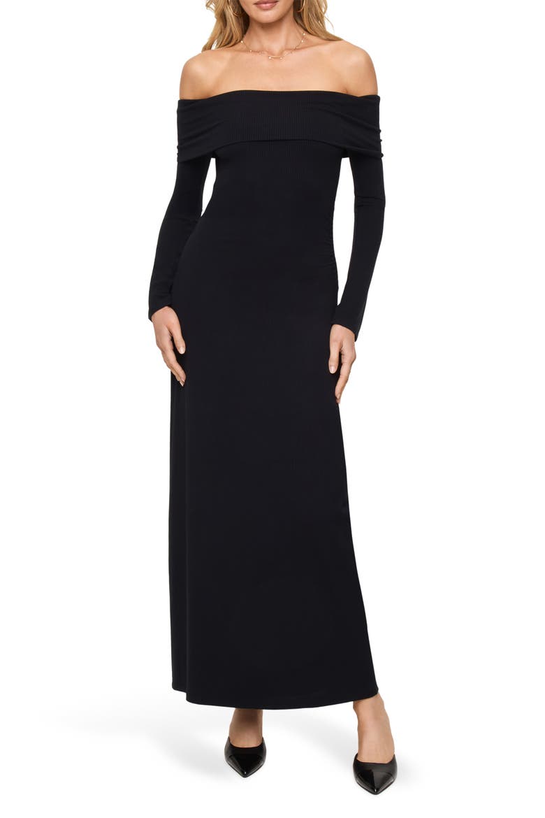 Carrie Long Sleeve Off the Shoulder Cover-Up Maxi Dress, Main, color, BLACK