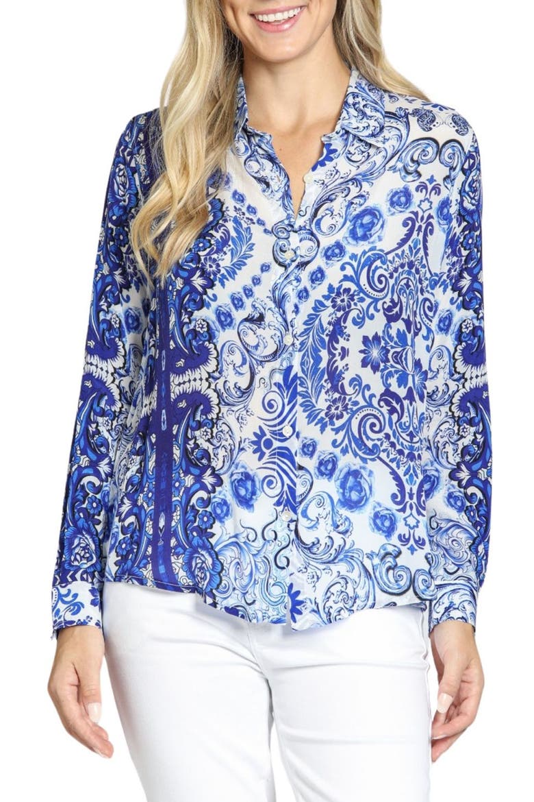 Damask Print Roll Tab Sleeve Button-Up Shirt, Main, color, BLUE/ WHITE