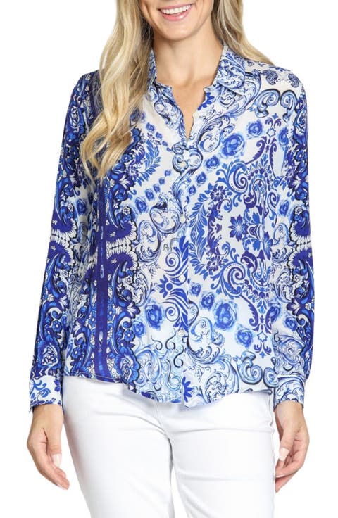 Damask Print Roll Tab Sleeve Button-Up Shirt
