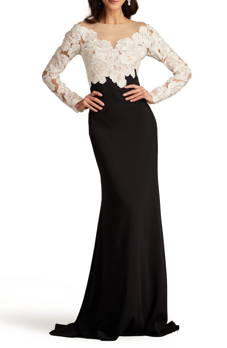 Tadashi Shoji Floral Lace Bodice Mixed Media Long Sleeve Gown, Main, color, Ivory/ Black