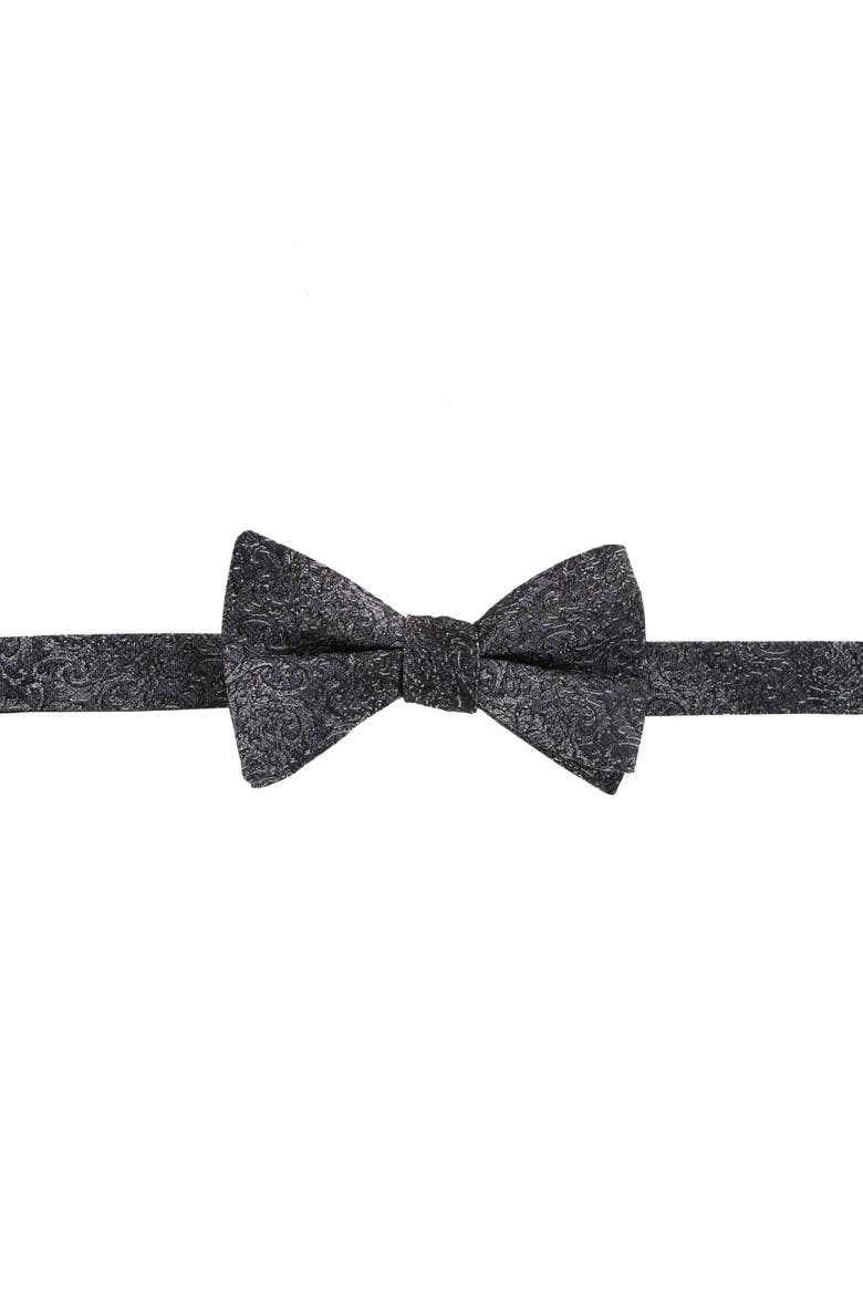 Esteban Scrolling Vines Tone on Tone Patterned Silk Self Tie Bow Tie, Main, color, Silver and Black