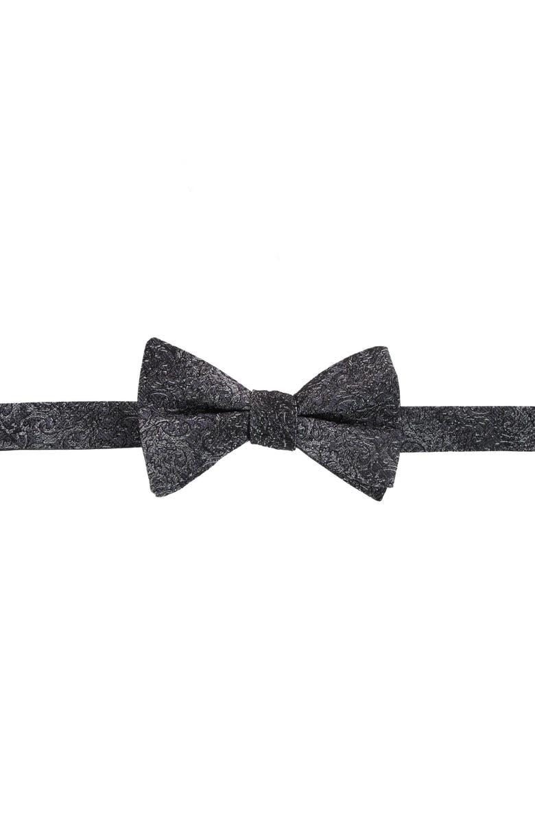 Trafalgar Esteban Scrolling Vines Tone on Ton Patterned Silk Self Tie Bow Tie, Main, color, Silver And Black