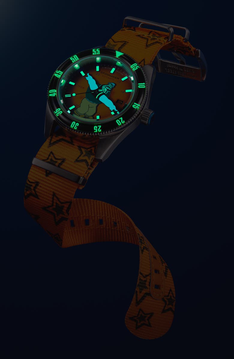 SPINNAKER x Popeye Fleuss Bronemies Automatic Silicone & Nylon Strap Watch, 43mm, Alternate, color, Yellow