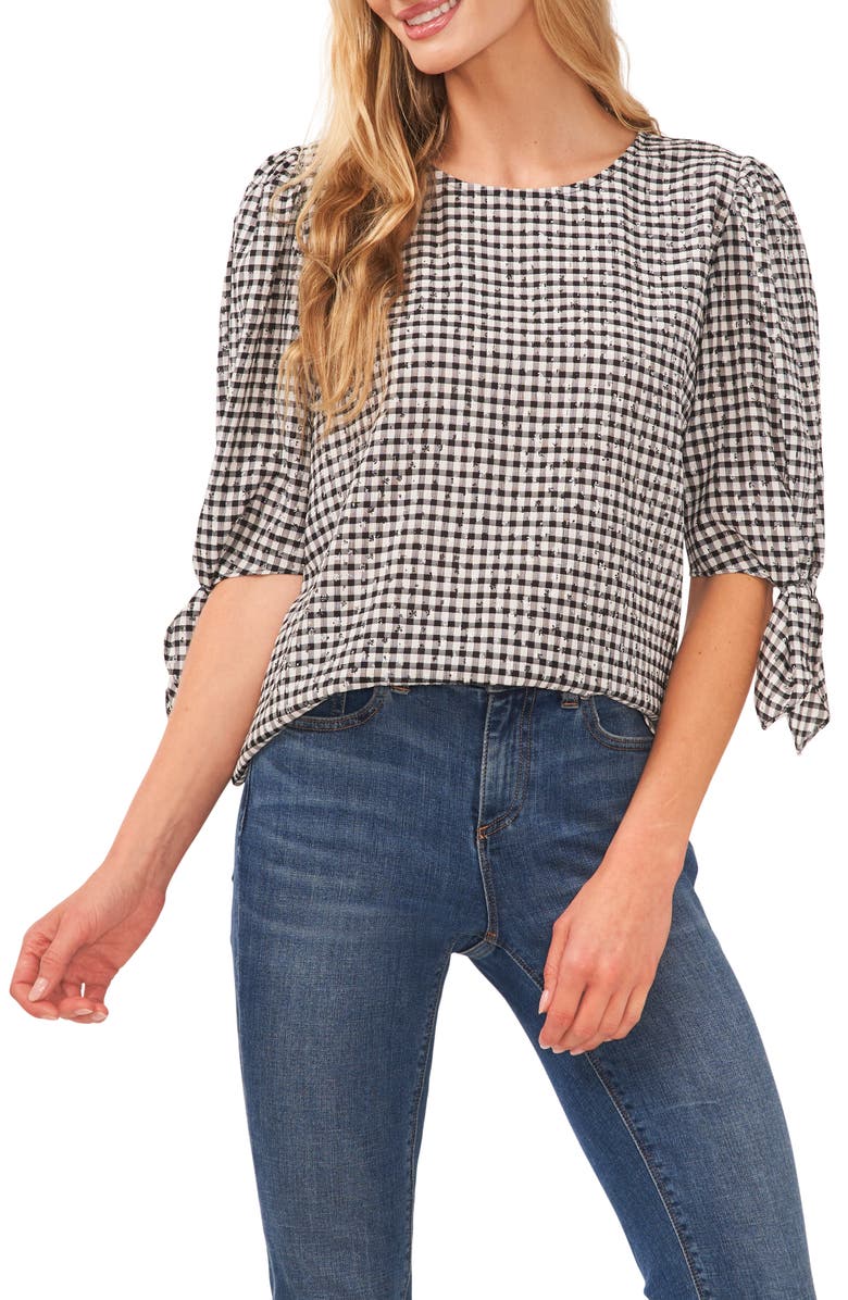CeCe Tie Sleeve Gingham Blouse, Main, color,