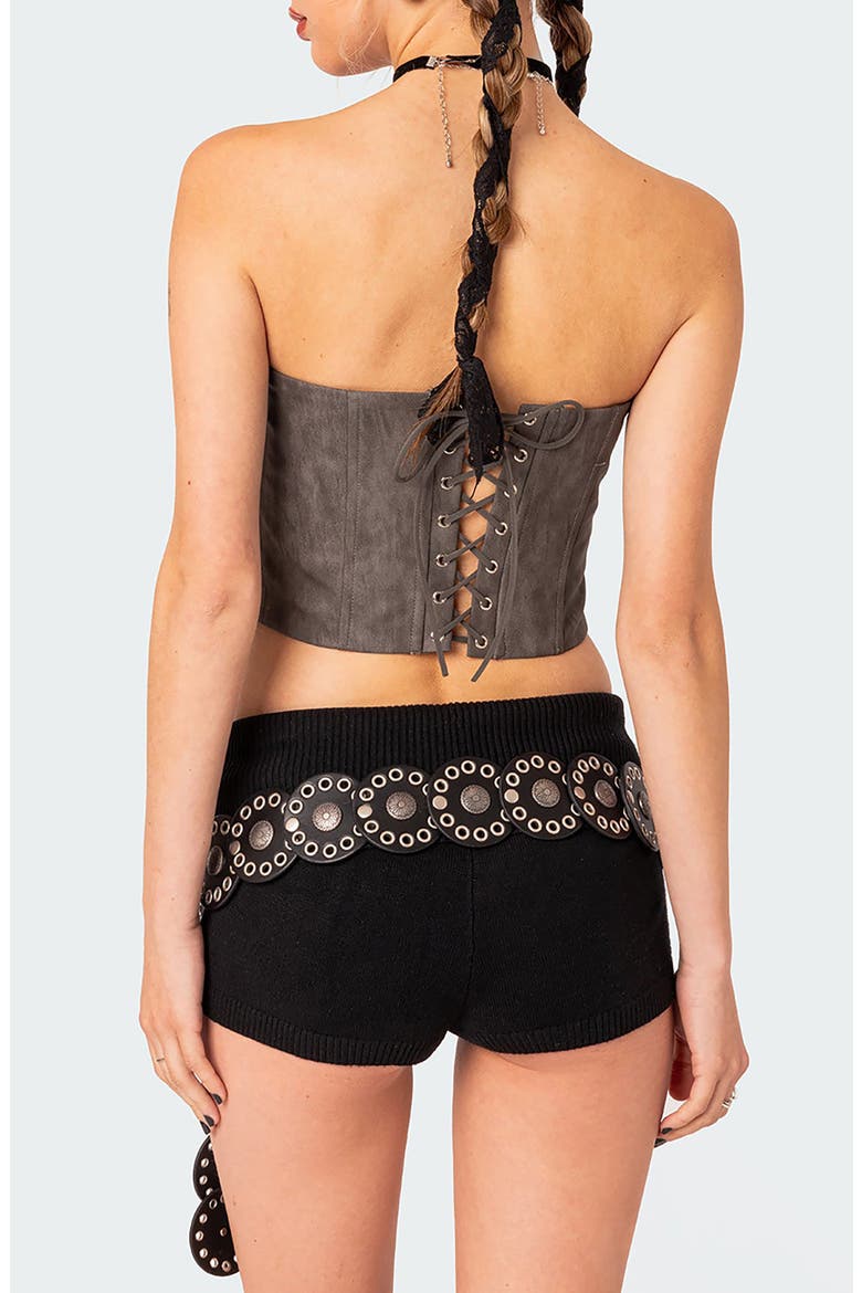 Christa Strapless Faux Leather Corset Crop Top, Alternate, color, GRAY