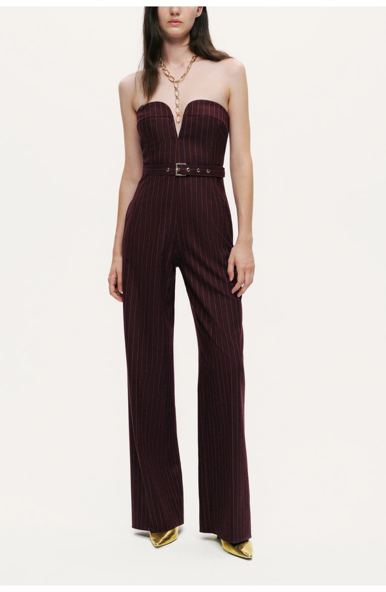 Nocturne Strapless Pinstripe Belted Jumpsuit, Main, color, Burgundy
