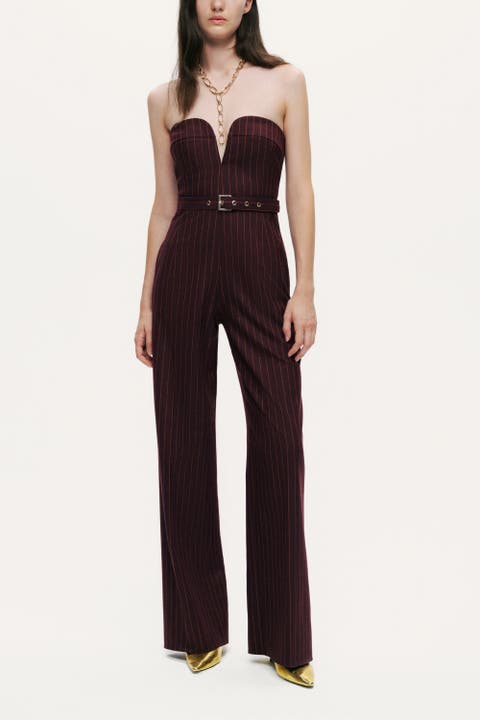 Strapless Pinstripe Belted Jumpsuit