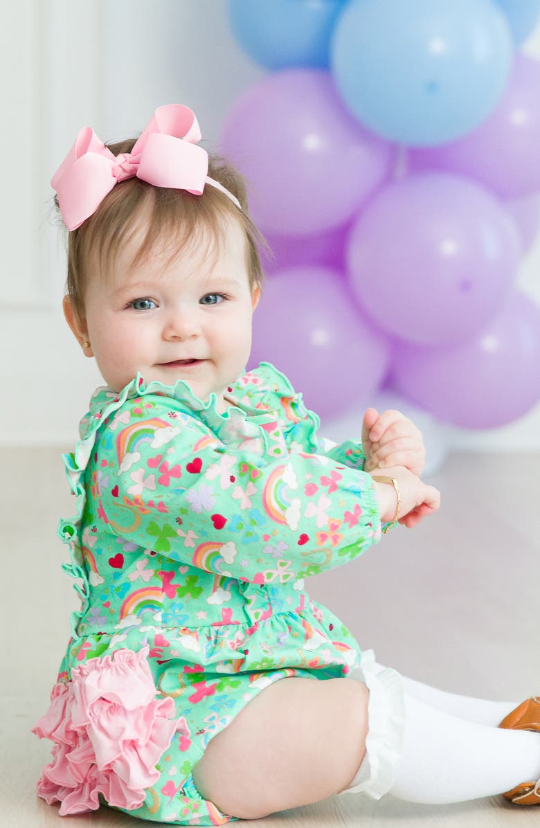 RuffleButts Lucky Day Clover Print Cotton Skirted Bodysuit, Alternate, color, 