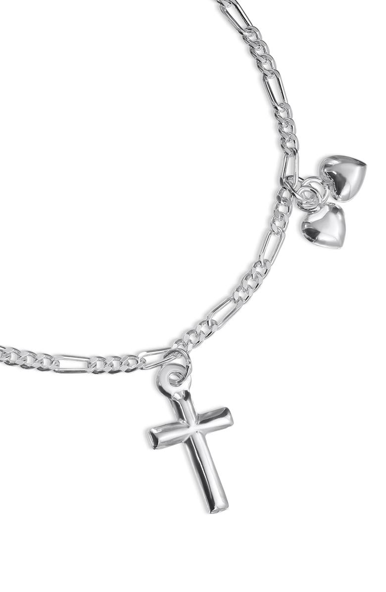BLING JEWELRY Cross & Heart Charm Chain Bracelet, Alternate, color, Silver
