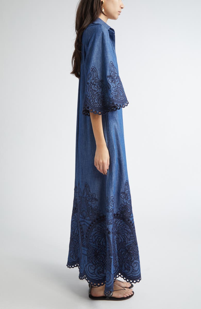 Zimmermann Coco Embroidered Denim Caftan Dress, Alternate, color, Railway Blue