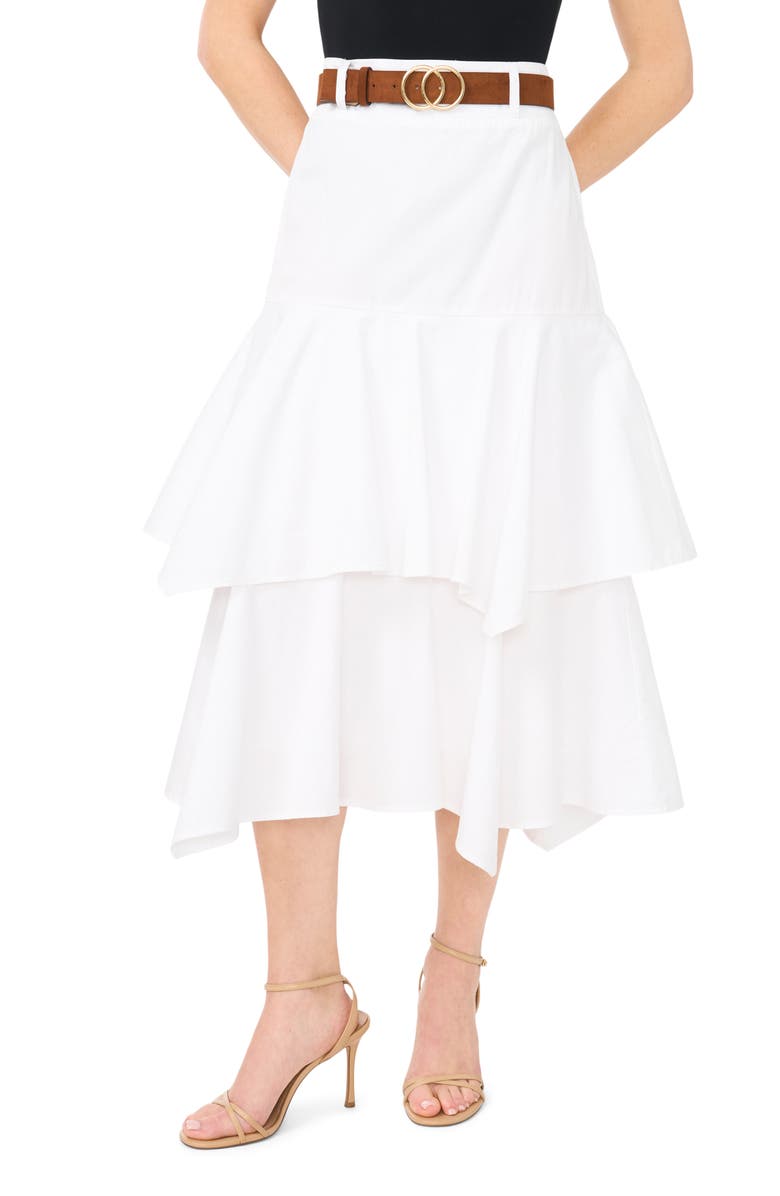 CeCe Tiered Denim Midi Skirt with Brown Golden Buckle Belt, Main, color, Ultra White