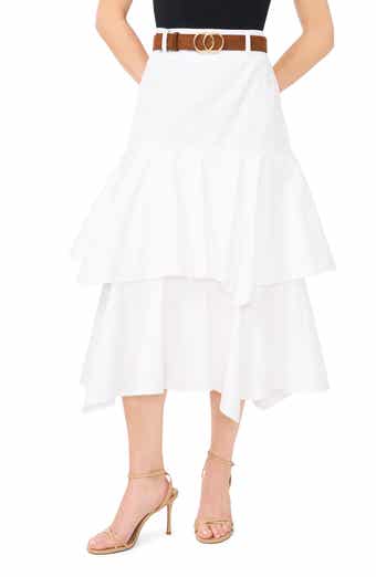 Tiered Denim Midi Skirt with Brown Golden Buckle Belt