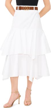 CeCe Tiered Denim Midi Skirt with Brown Golden Buckle Belt