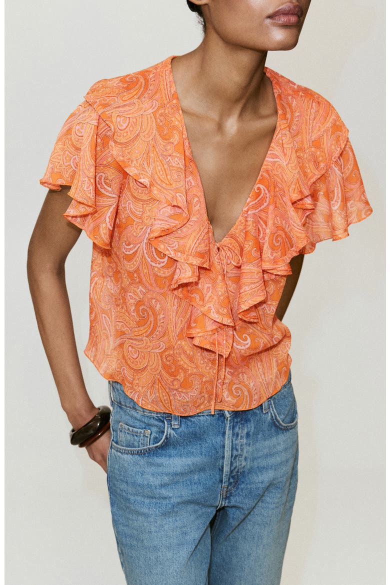 Ruffled Printed Top, Main, color, ORANGE
