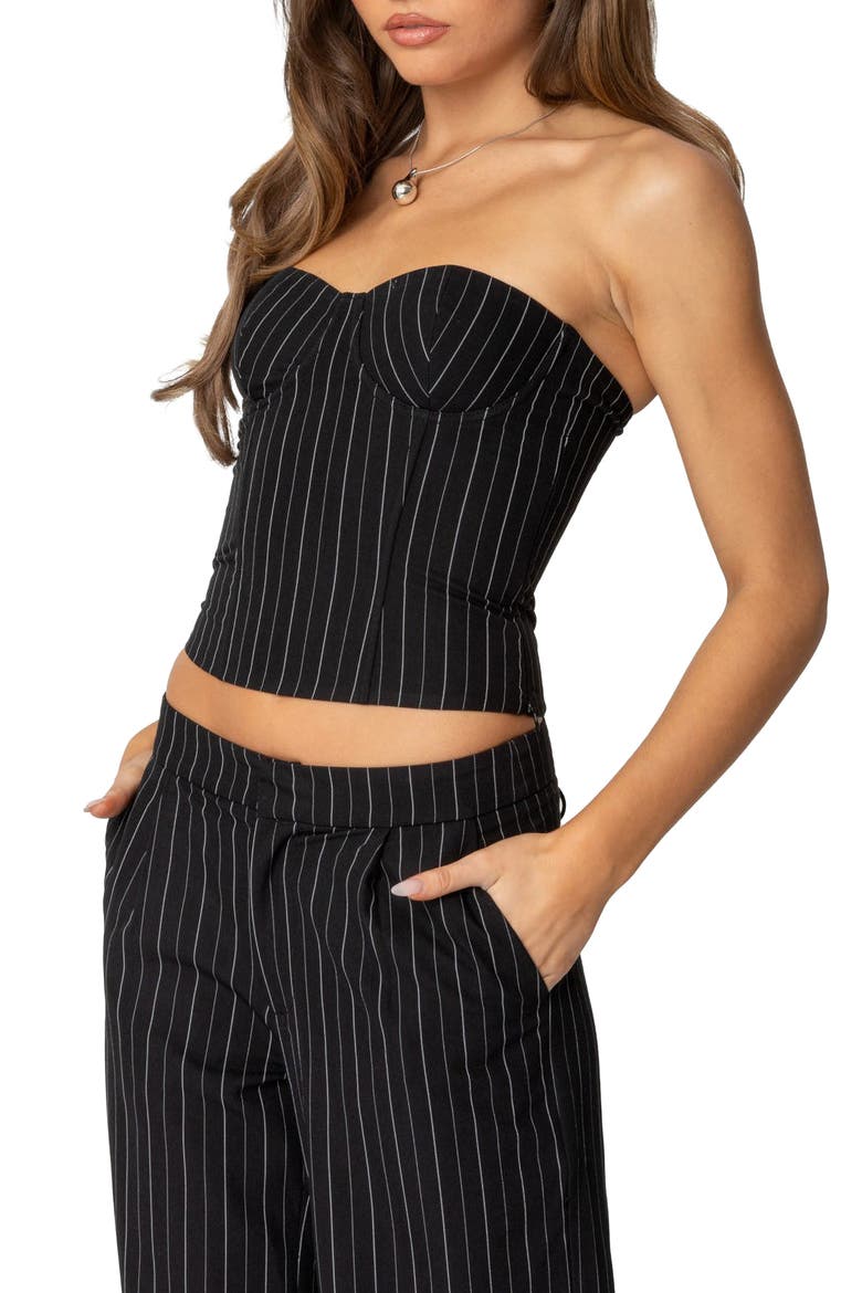 Aliza Strapless Pinstripe Corset Top, Alternate, color, BLACK-AND-WHITE
