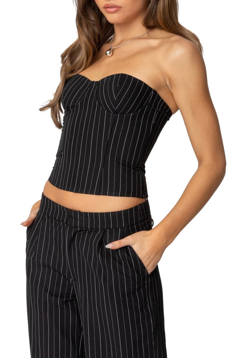 EDIKTED Aliza Strapless Pinstripe Corset Top, Alternate, color, Black-And-White