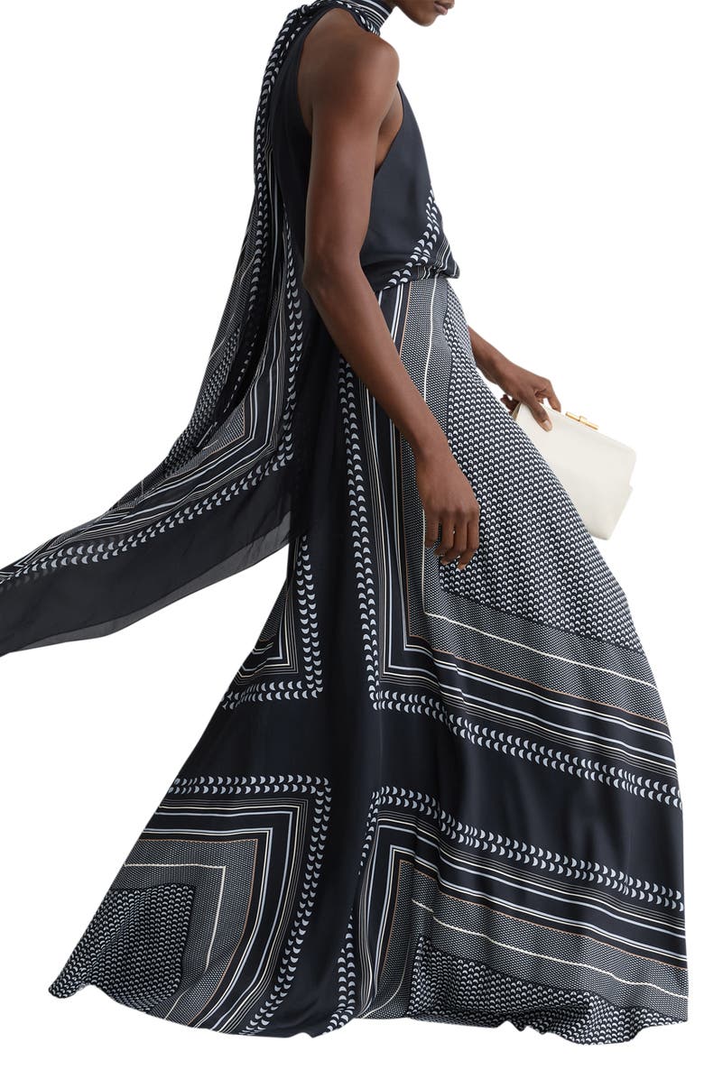 Reiss Skylar High Neck Scarf Print Maxi Dress, Alternate, color, Navy