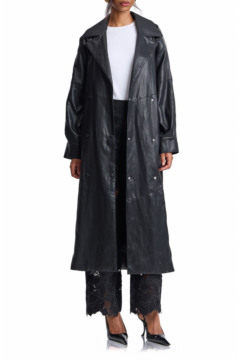 Shoulder Pad Faux Leather Long Coat, Alternate, color, BLACK