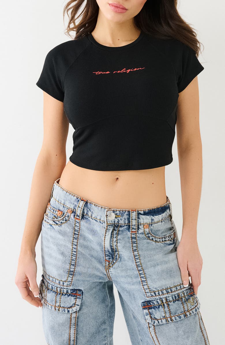 True Religion Rib Logo Crop T-Shirt, Main, color, 