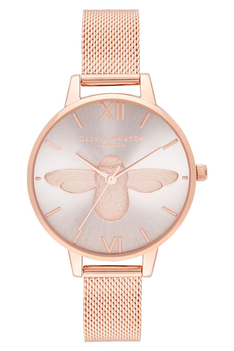 3D Bee Mesh Strap Watch, 34mm, Main, color, ROSE GOLD/SUNRAY/ ROSE GOLD