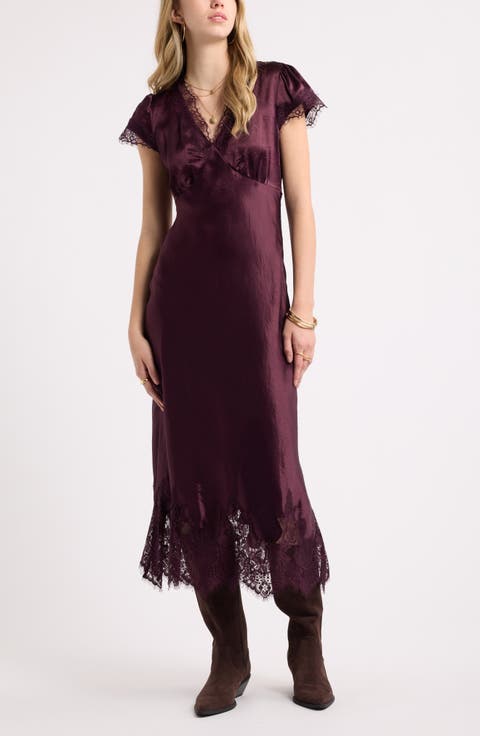 Lace Trim Satin Midi Dress