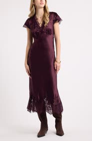 Treasure & Bond Lace Trim Satin Midi Dress