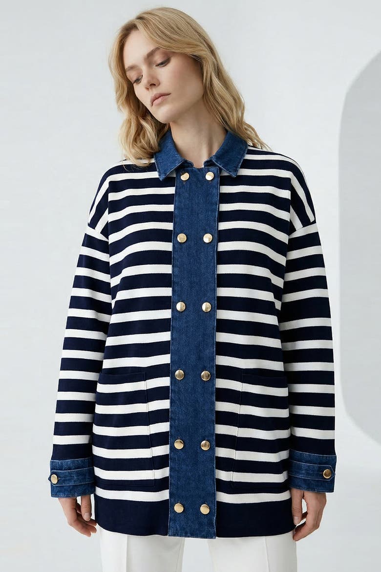 Gaetan Long Sleeve Striped Knit Cardigan, Alternate, color, Navy