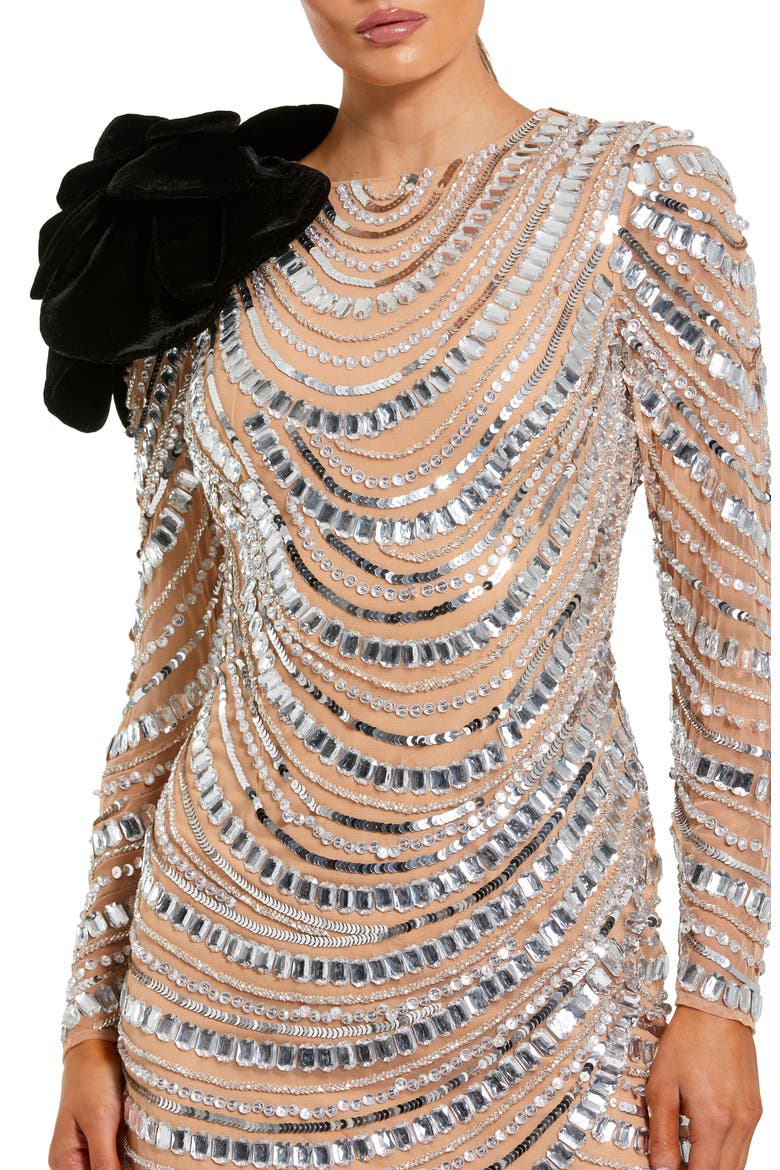 Mesh Long Sleeve Beaded 3D flower Mini Dress, Alternate, color, Silver Nude