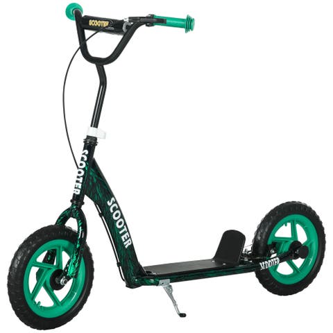 Kids Kick Scooter, Big Wheel Scooter with Adjustable Handlebar, Rear Brake, Kickstand, Non-slip Footplate, 12" EVA Wheels, for 6-12 Years, Green