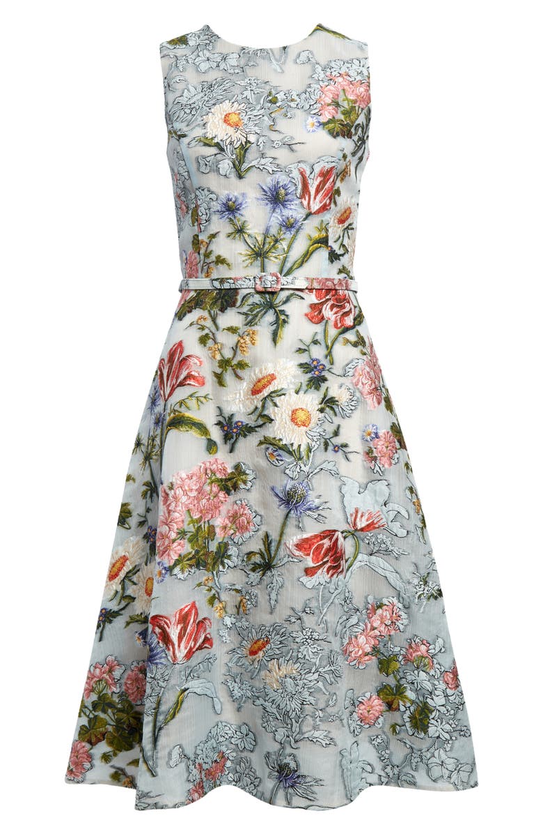 Oscar de la Renta Floral Sleeveless Belted Fil Coupé Cocktail Dress, Alternate, color,