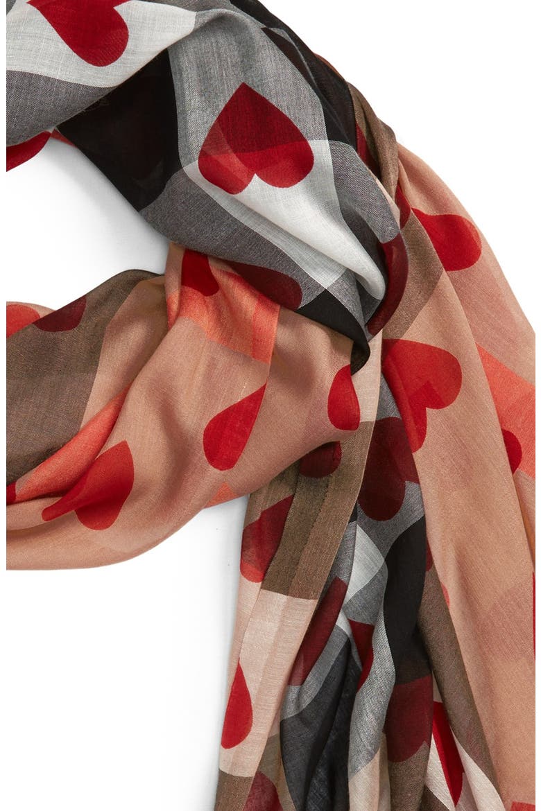 Check & Heart Pattern Scarf, Alternate, color, CAMEL/ RED