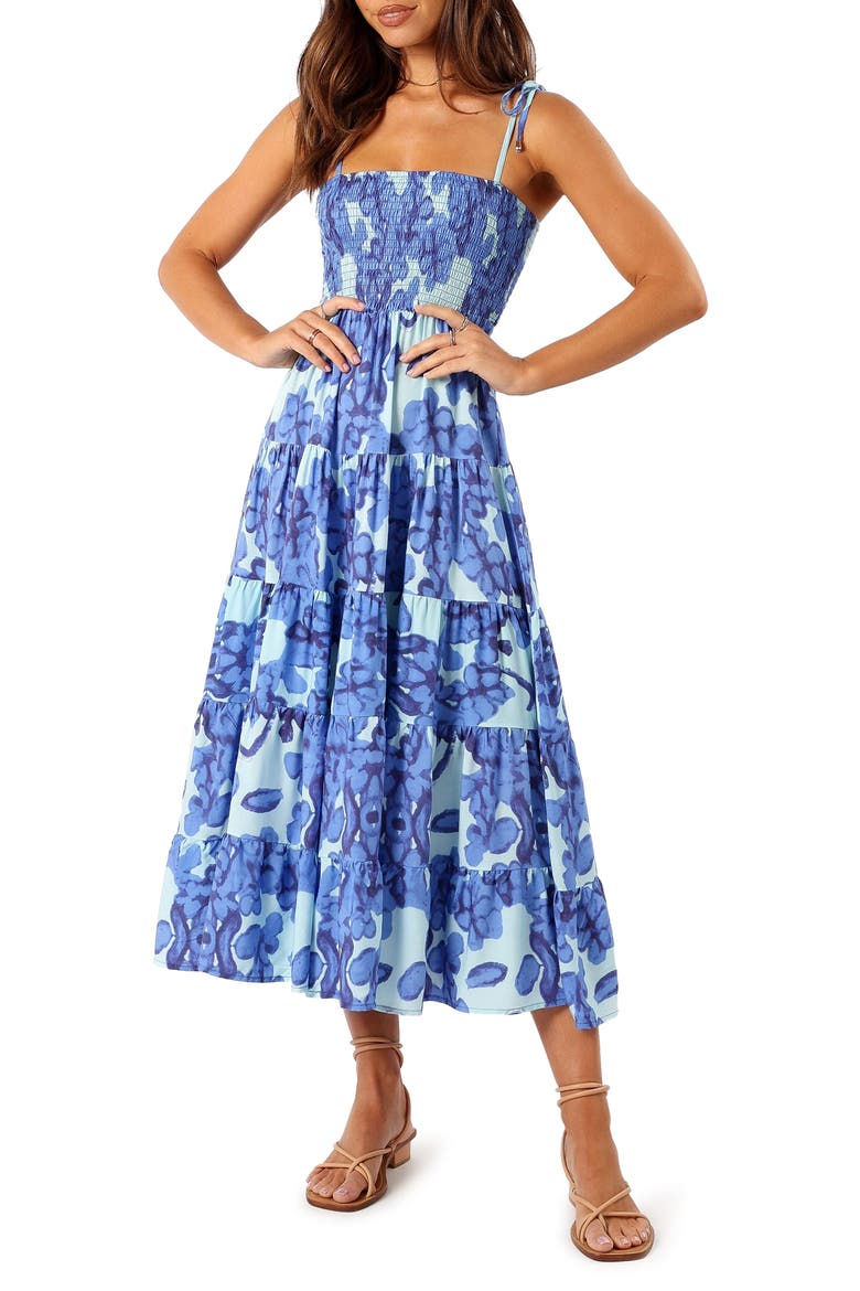 Amarie Floral Tie Strap Smocked Midi Sundress, Main, color, BLUE