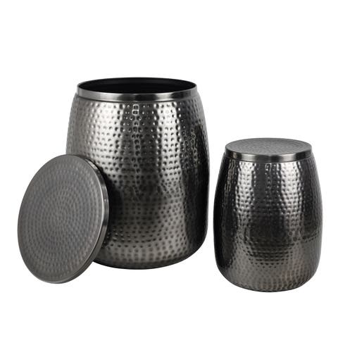 Merida Modern Rustic 2-Piece Hammered Metal Drum Storage Side Tables with Lids