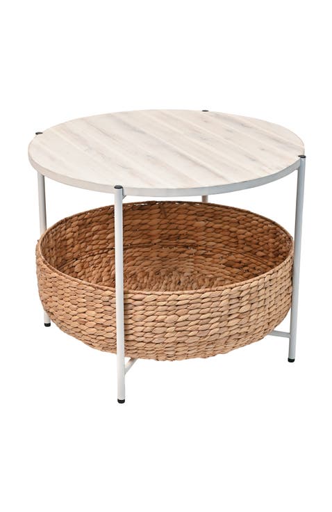 Carly 24.21" Modern Coastal Round Acacia Wood/Water Hyacinth Coffee Table with Storage Basket