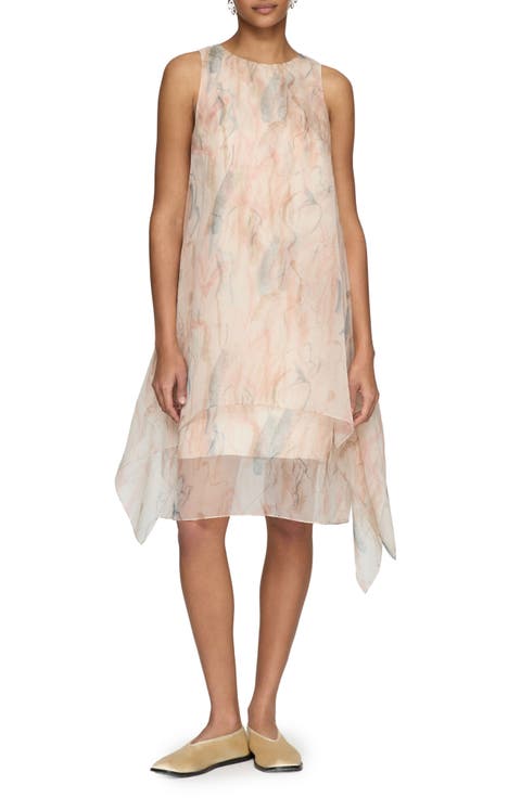 Gesture Print Layered Handkerchief Hem Silk Organza Dress